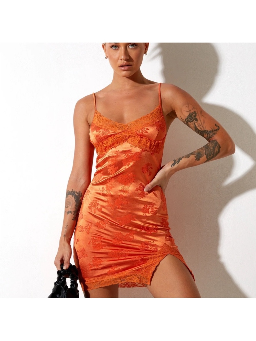Orange Satin Lace Slip Dress
